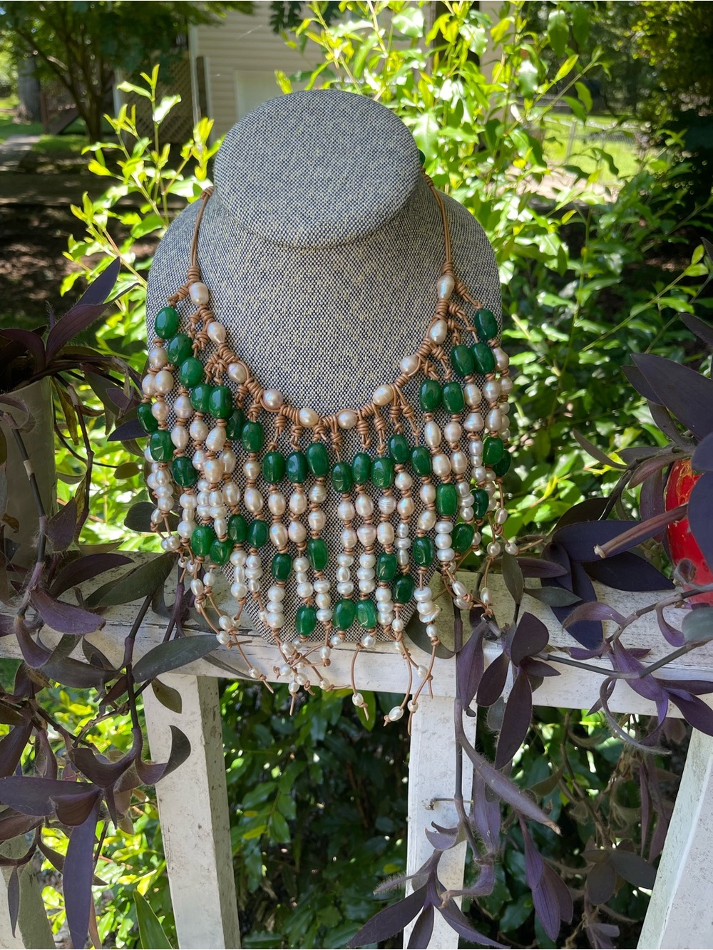 Hand Crafted Green Jade  and Freshwater Pearl Statement Necklace